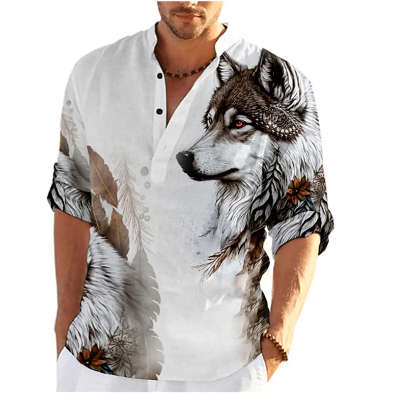 2024 New Wolf Print Long Sleeve Shirt Fashionable Personalized Stand Collar Button Casual Shirt Extra Large Size XS-6XL