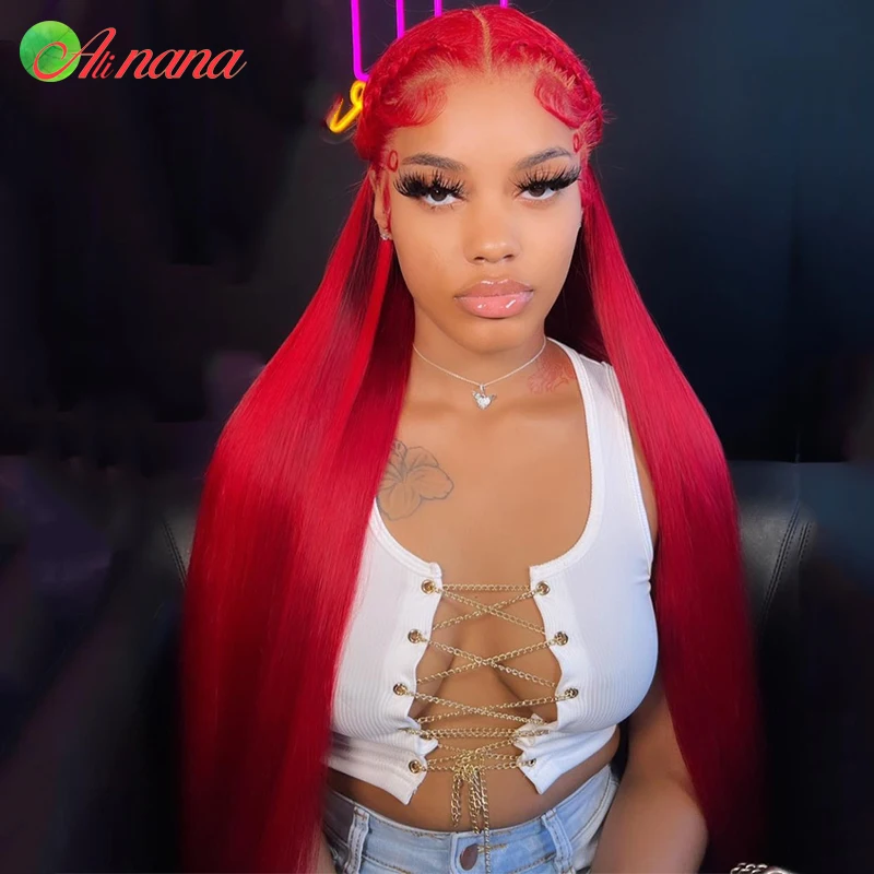 

13X4 13x6 Red Straight Lace Front Wig Red Colored Transparent Lace Frontal Body Wave Wigs With Baby Hair Human Hair Wigs 30 Inch