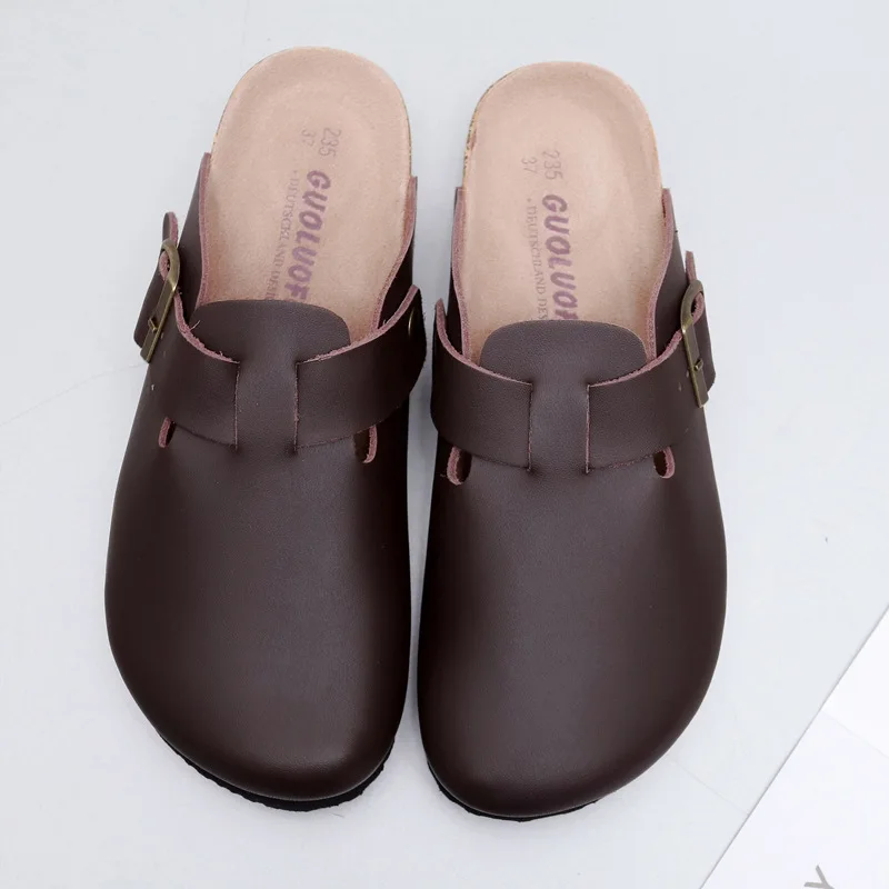 Unisex Nature Leather Clogs Adjustable Buckle Slip On Cork Footbed Home Clog Slippers Mules Shoes