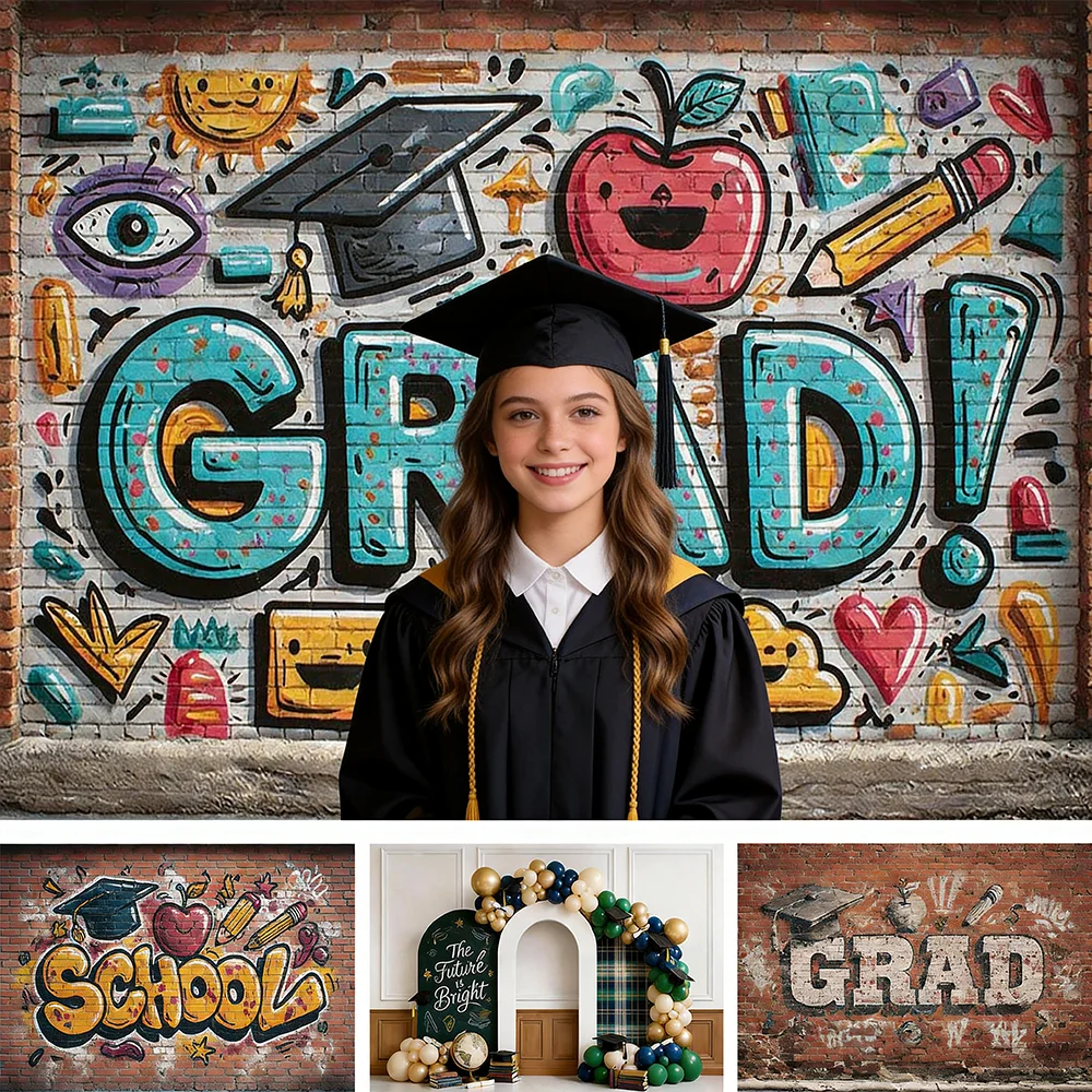 Graffiti Graduation Brick Wall Photography Backdrop Kids Student School Yard Grad Backgrounds Cap Apple Photo Props