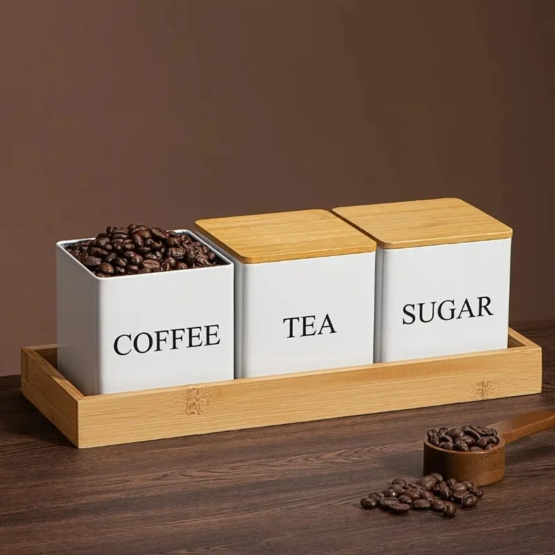 3 pieces/set, 500ml, white and black, metal containers with lids, for storing coffee beans, sugar, and tea