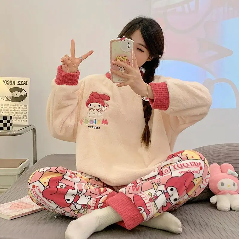 Kawaii Snoopy Cinnamoroll Pajamas Winter Thick Flannel Round Neck Home Clothing Long Sleeved Top Pants Set Girl Christmas Gift