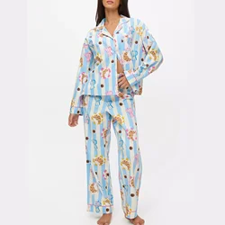 HEZIOWYUN Women's 2 Piece Y2K Aesthetic Pattern Print Loungewear Set Long Sleeve Lapel Collar Button-down Shirt + Wide Leg Pants