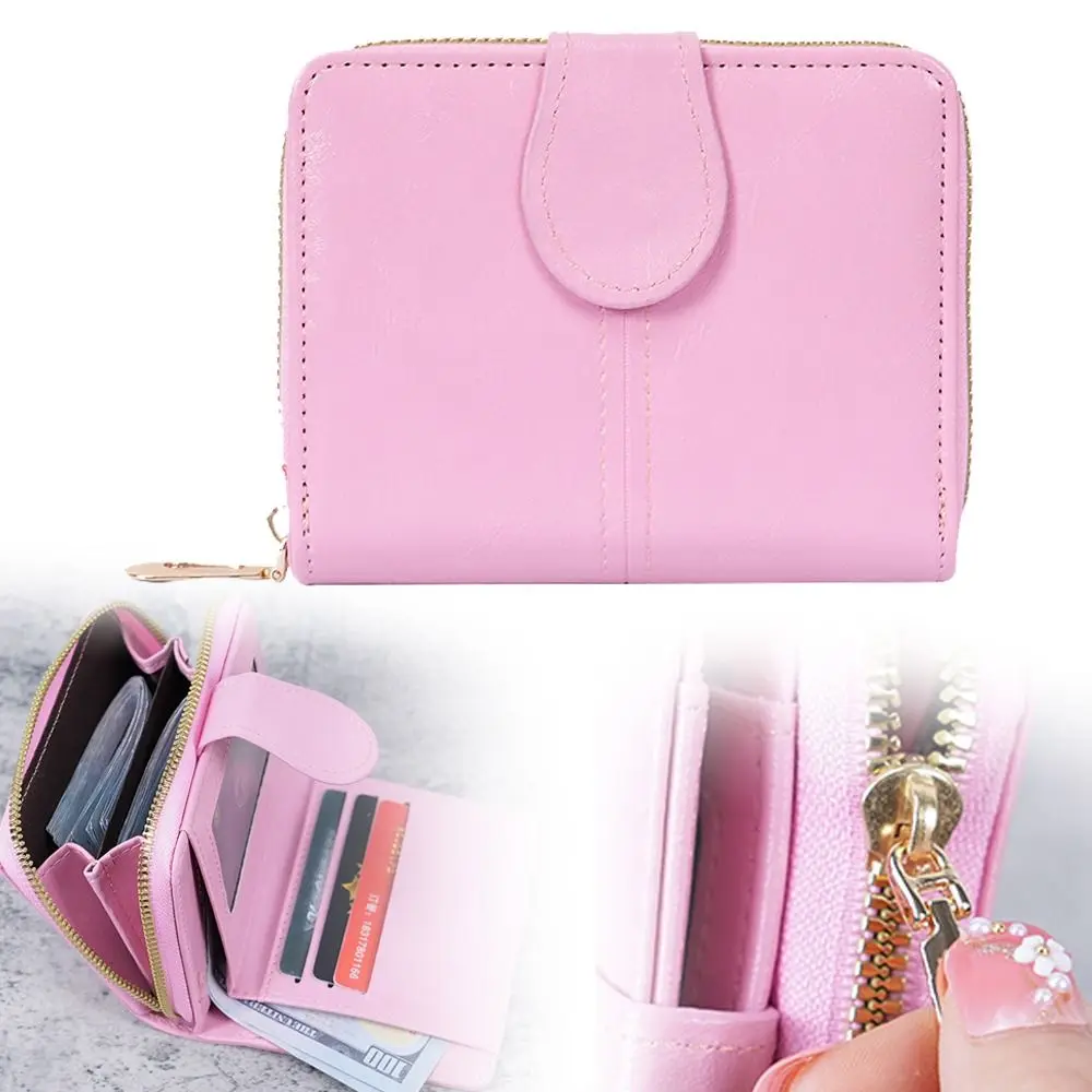 

Women's Fashion Multi-slot Short Wallet Oil-based PU Leather Vintage Card Holder Bag Zipper Keys Pouch