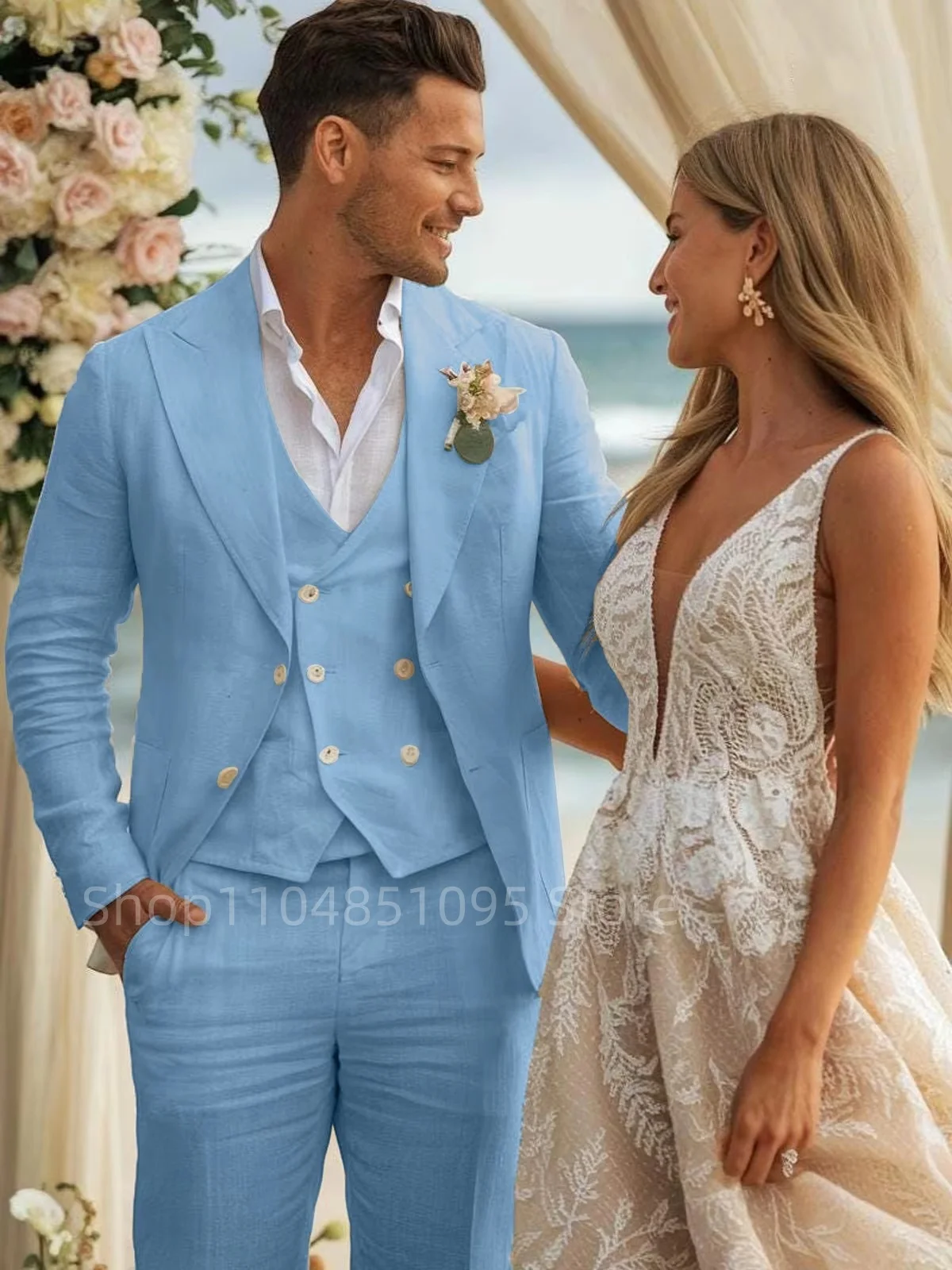 Traje de tres piezas de esmoquin de lino Beige/azul para novio, chaqueta con solapa de pico, conjunto de chaleco para fiesta de boda, cena de graduación y negocios
