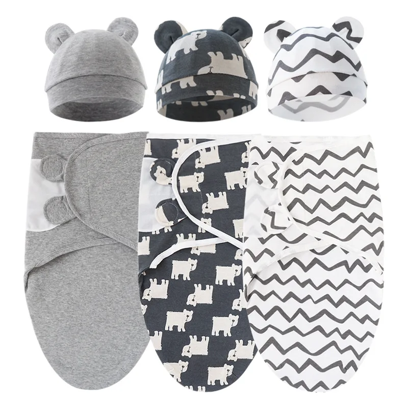 2pcs 100% Cotton Soft Adjustable Baby Swaddle Blanket Wrap Set with Hat for Newborn Infant 0-6 Months Sleeping Blanket Baby Gift