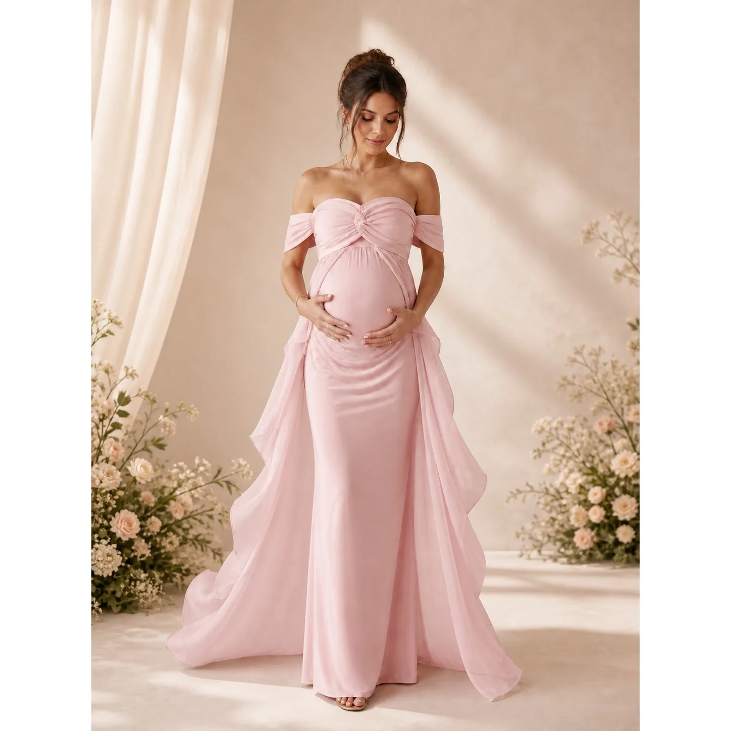 Light Pink Off Shoulder Maternity Gown with Ruffle Train for Baby Shower ZX001