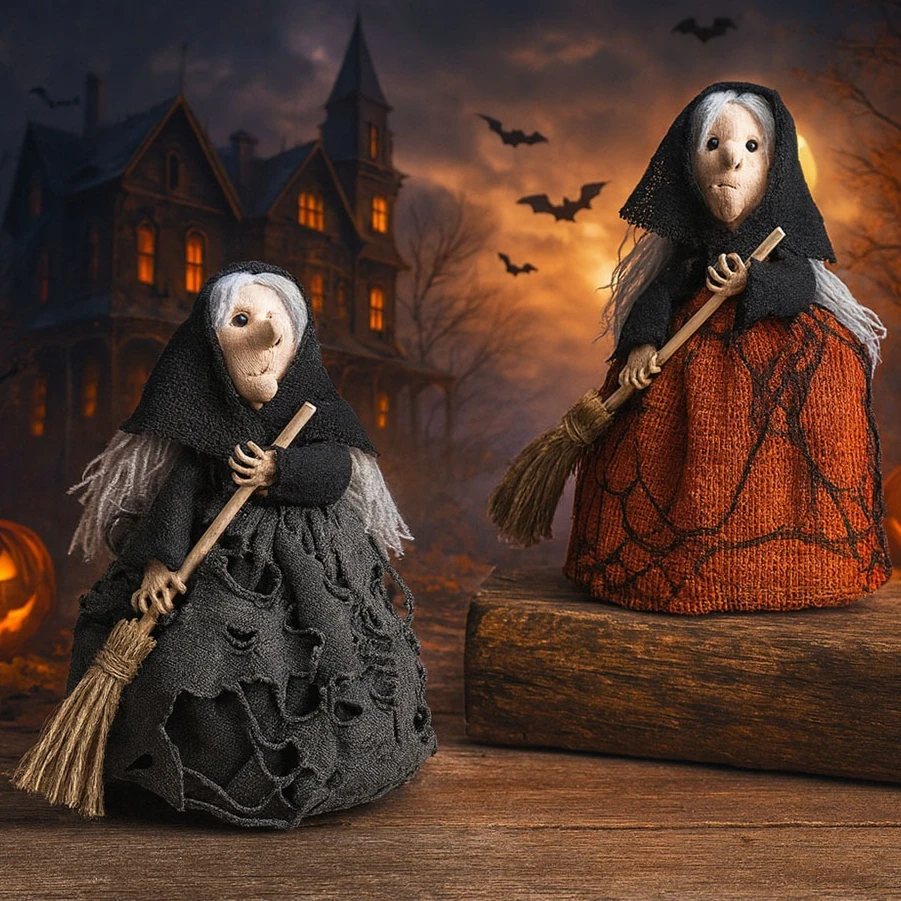 Halloween-Hexe-Dekoration mit Besen, niedliche hängende Verzierung für Zuhause, Garten, Innenbereich, Party-Dekoration, Fotografie-Requisiten