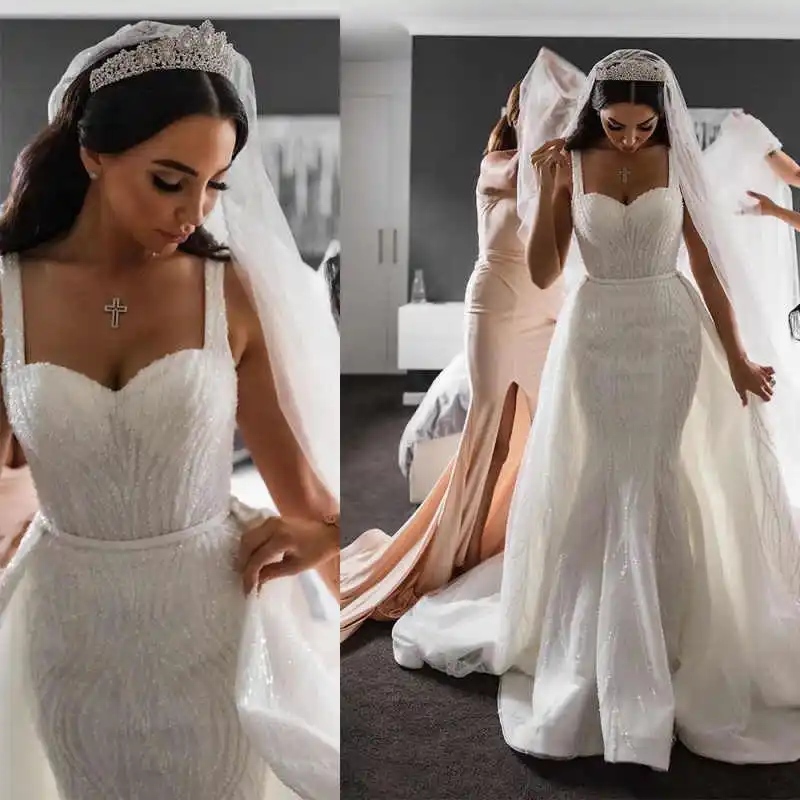 

Exquisite Sequins Mermaid Wedding Dresses With Veil Sweetheart Neck Sleeveless Bride Dress Floor Length Bridal Dress Customized