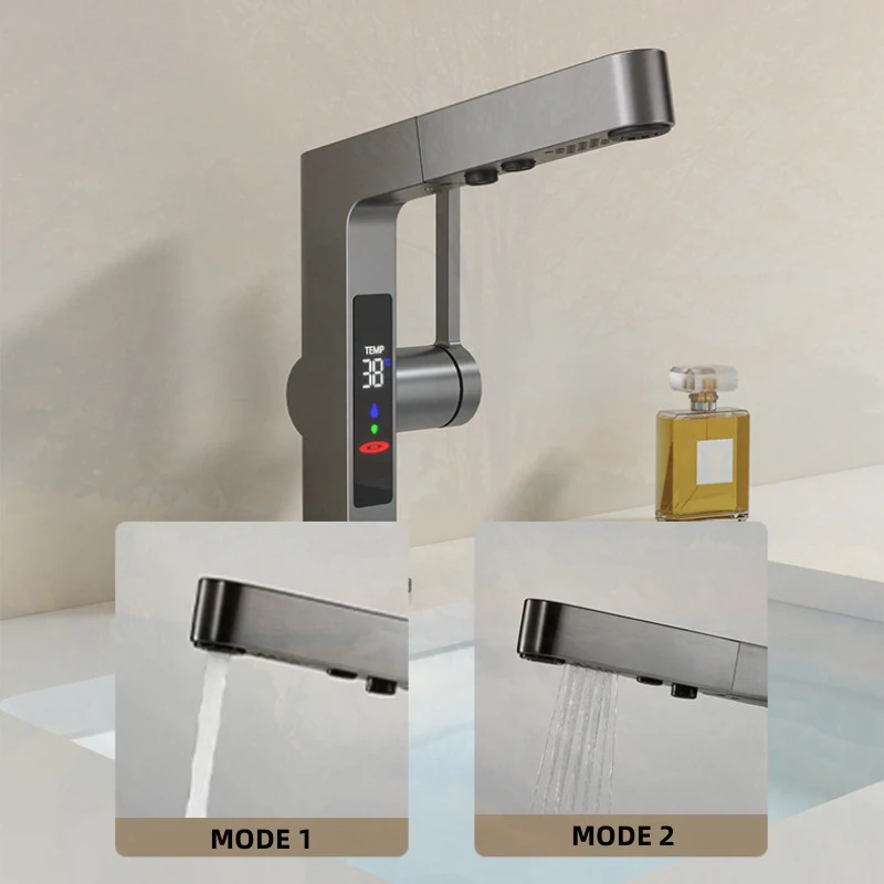 New 2 Modes Temperature Digital Display Basin Faucet  Pull out Hot Cold Sprayer Water Sink Mixer Wash Tap For Bathroom