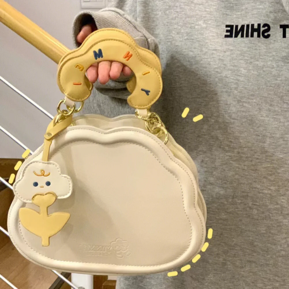 Cute Female Crossbody Bag Cream Cloud PU Shoulder Bag Solid Color Handbag Commute Bag for Women Girls Spring Summer