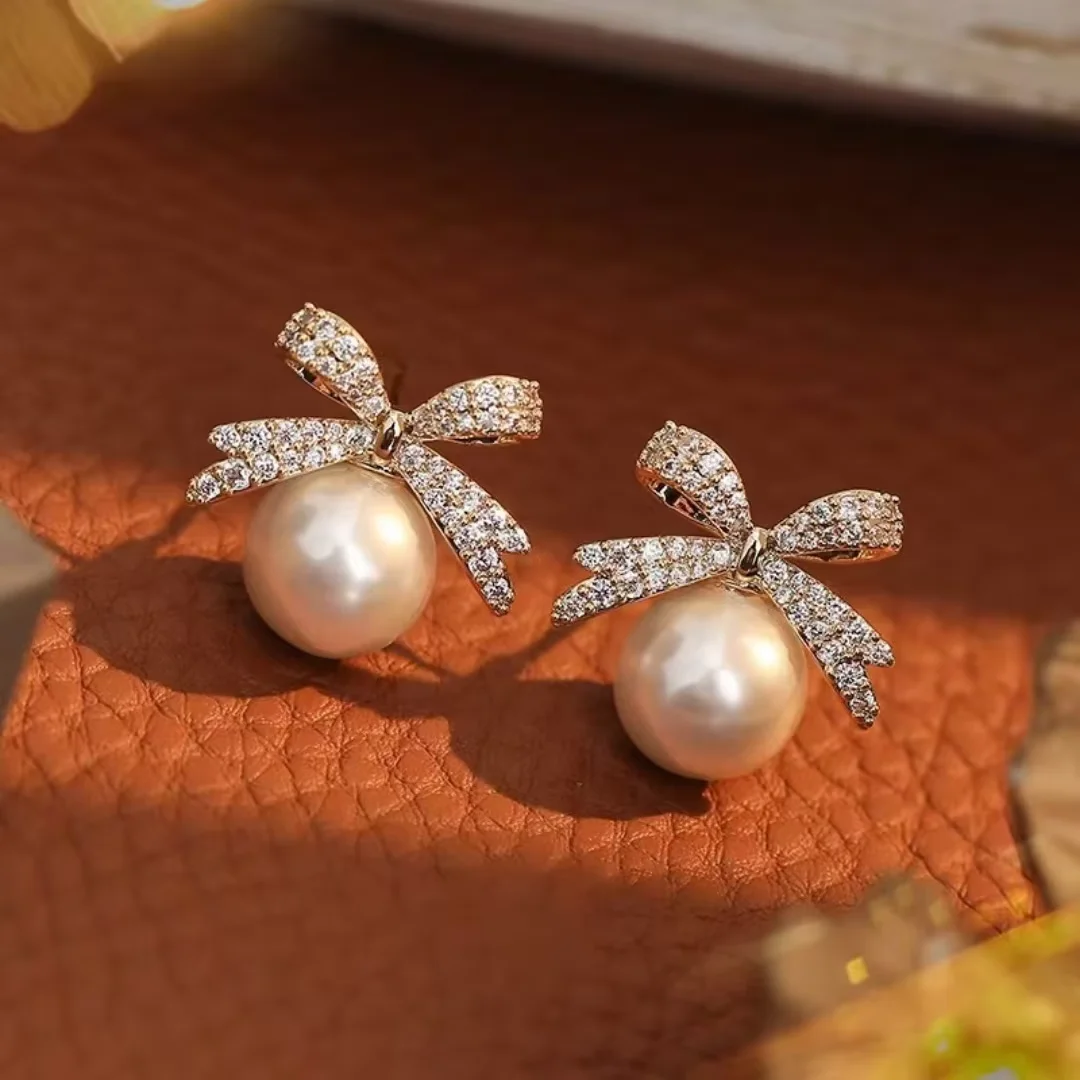 2 Women's Silver Needle Bow Studded With Diamond Pearl Earrings, Fashionable And Niche Design, High-end And Refreshing Earrings