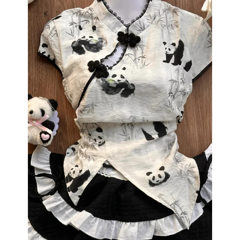 Cute Sweet Chinese Panda Print Top High Waist Slimming Fluffy Cake Skirt Maid Apron 3 Piece Set 2025 Spring Women Chic Clothing