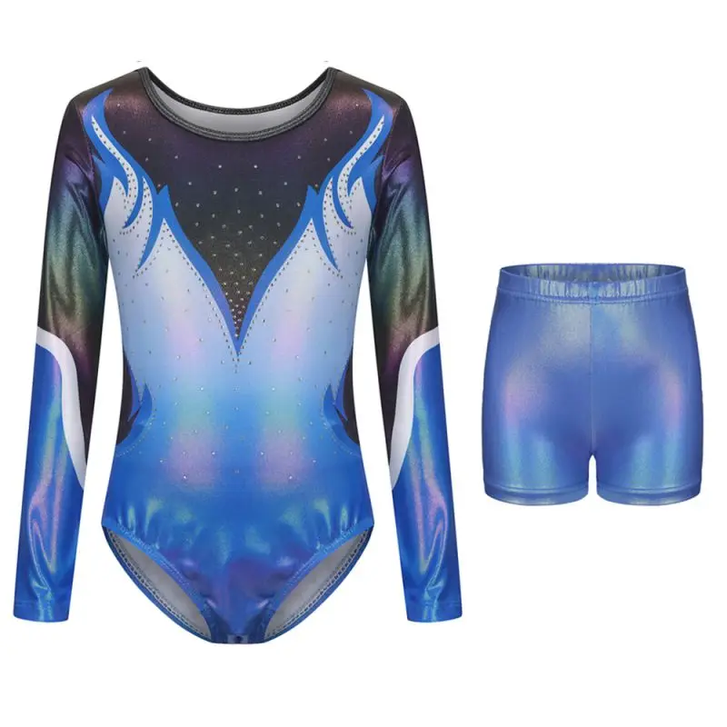 3PCS Girls Dance Ballet Leotards Gymnastics Suit Gradient Fashion Gilding Rhinestone Inlay Bodysuit + Shorts +Headbands