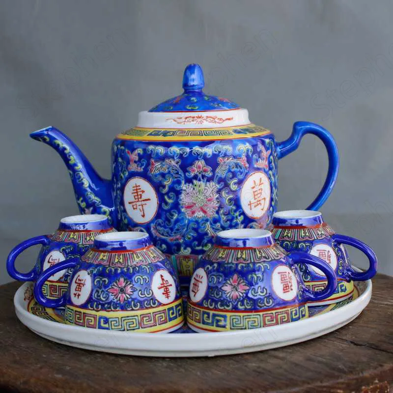 

Hand-painted Kung Fu Tea Set 70's Vintage Paint Tea Pot and Cup Set Coffee Table Desk Longevity Without Borders Tea Cup Set of 6