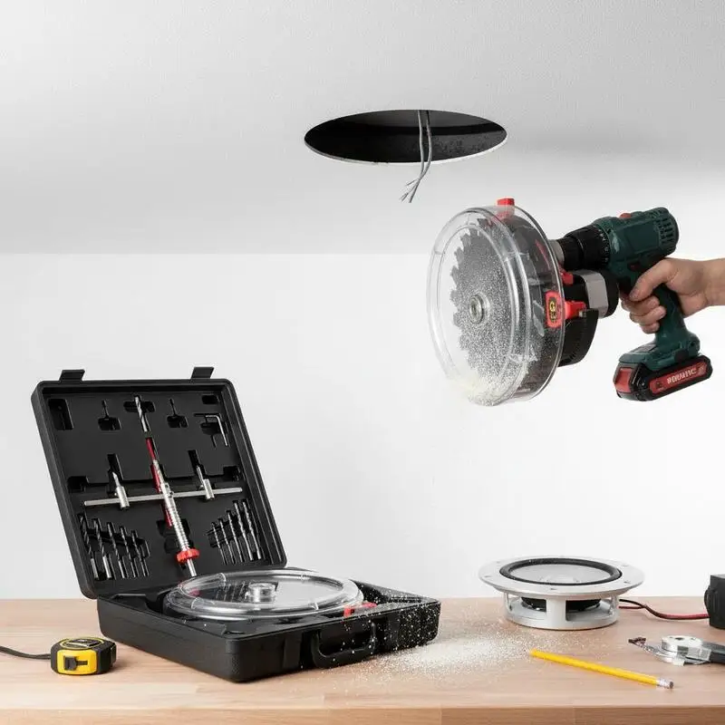 

Adjustable Circle Hole Cutter Kit 1-5/8" to 11-13/16" (40-300mm) For Recessed Lights Ceiling Speakers Vent Holes PC Dust Shield Two Replaceable Pilot Drill Bits High Carbon Steel Blades Adjustable Radius Storage Case Included