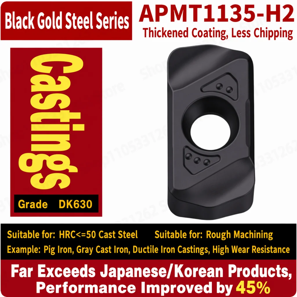 APMT1135-H2 DK630 Carbide Milling Insert Thick Coating Anti-Chip for Cast Iron Ductile Iron Cast Steel HRC50 Roughing