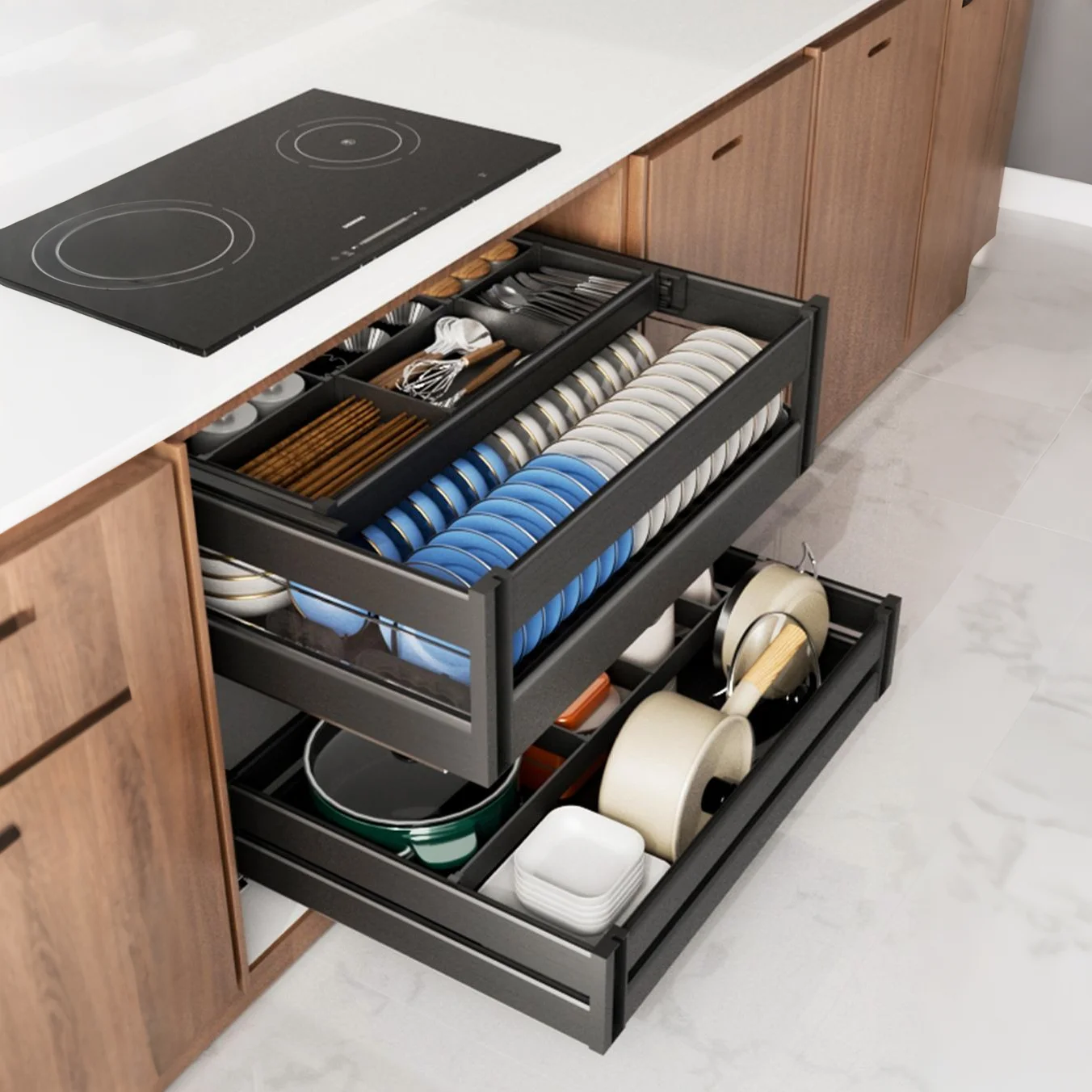 3-Tier Drawer Organizer with Damping Slides Aluminum Alloy Kitchen Cabinet Pull-Out Dish Rack Bowl & Spice Storage Basket