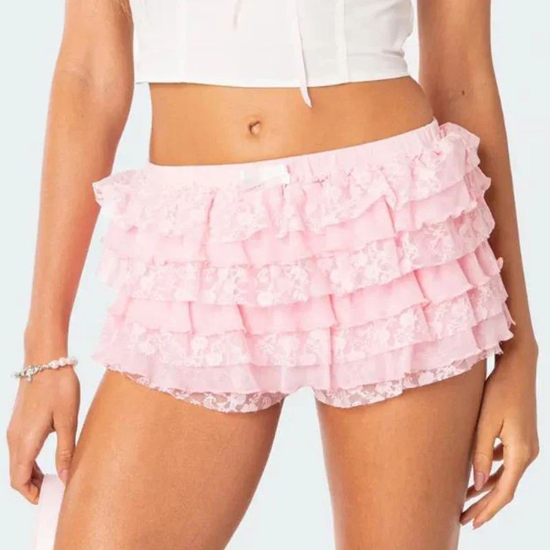 Women Lolita Bloomers Ruffle Layered Lace Pumpkin Shorts Bottom Pants Y2k Booty Shorts Skirts Sweet Girls Under Shorts Clothes