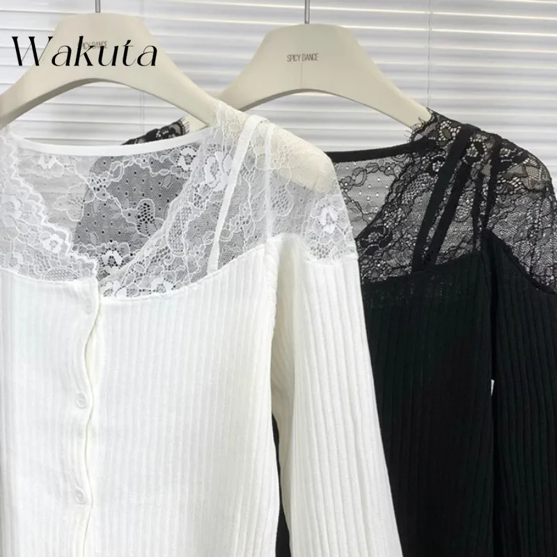 WAKUTA Black Lace Splicing Long-sleeved Knit Sweaters Female Autumn Winter Sexy Slim Short Section Inside The Bottoming Cardigan