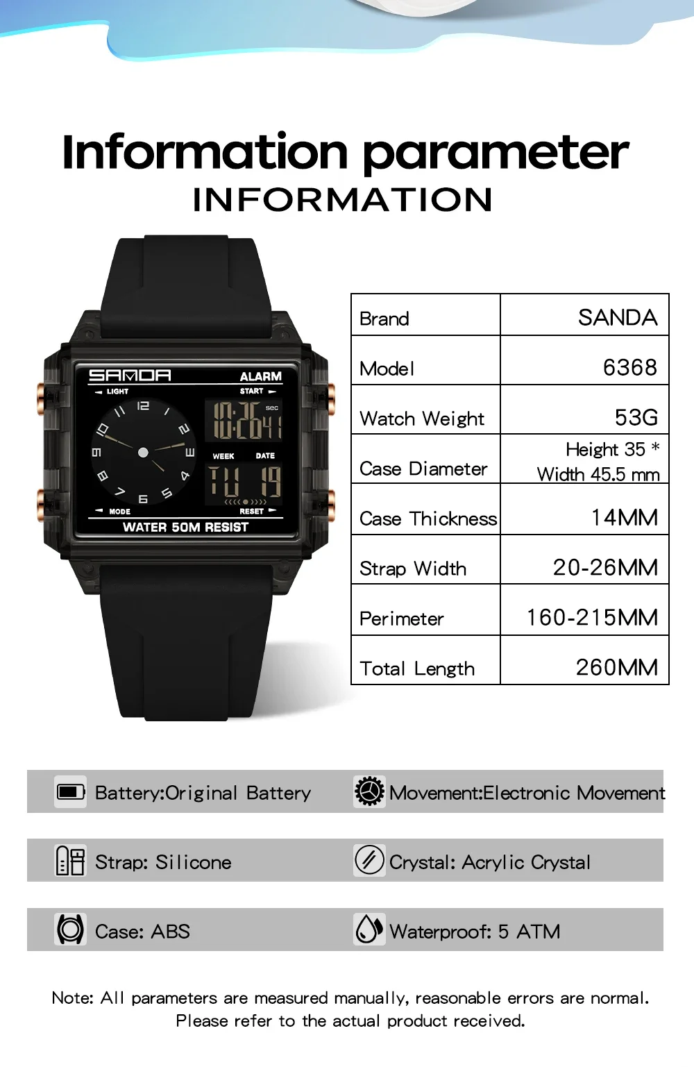 SANDA  SD6368 Fashion Electron Analog Watch for Men Women Square Dial Count Down Timer Waterproof Watch