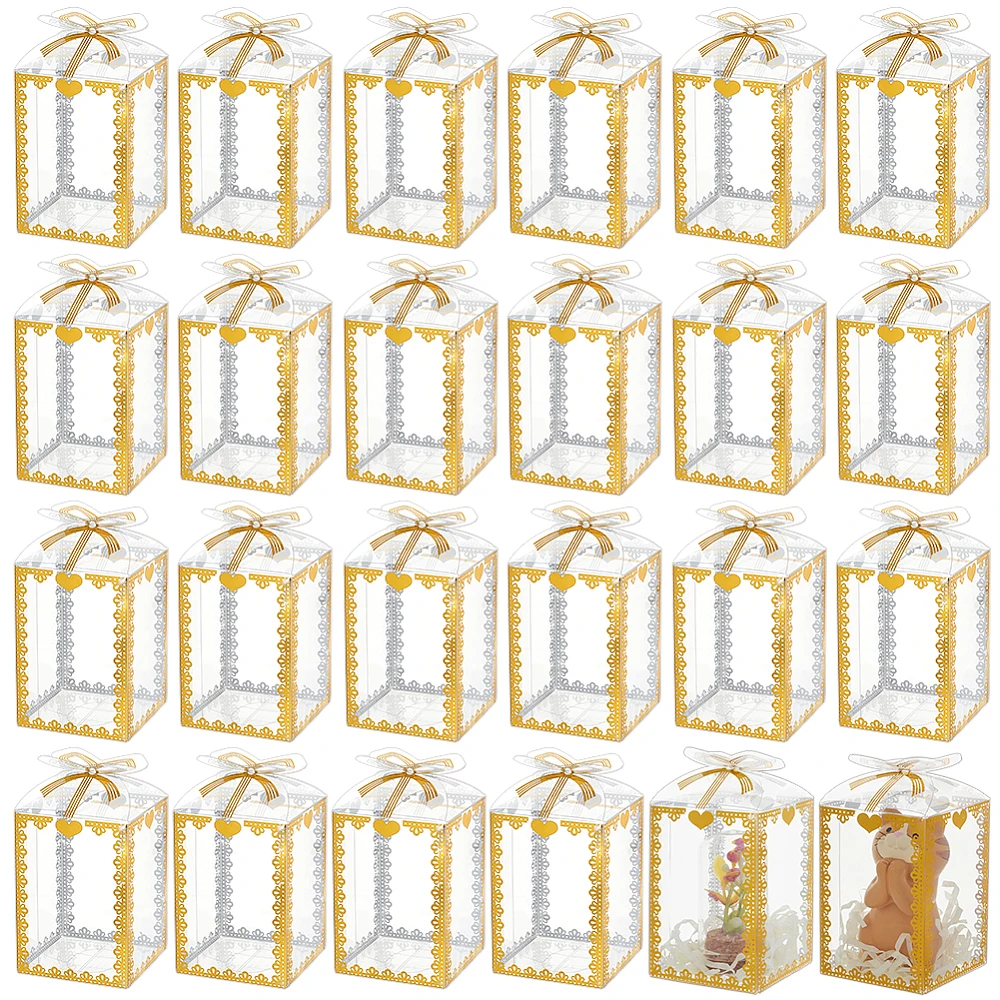 50 Pcs 2x2x3.5 Inch Clear PVC Gift Boxes Rectangle Bow Knot Pattern Boxes for Wedding Party Favor Festival Gift Packaging