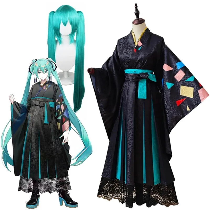 

2024 Miku New Year Cosplay Costumes Kimono Dress Wig And Shoes Anime Role Play Uniform Halloween Carnival Party Outfit For Women