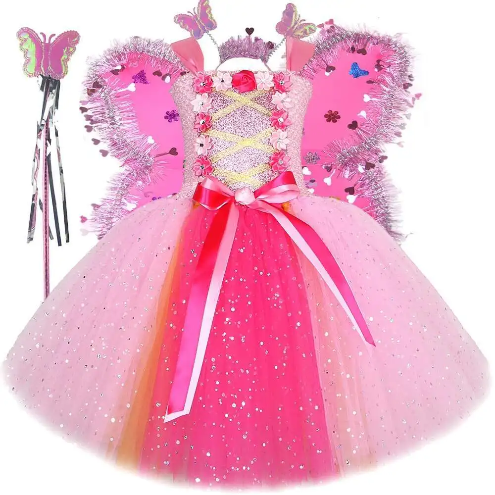 

Блестящие розовые костюмы феи принцессы для девочек, блестящее платье-пачка феи с цветочным узором и крыльями бабочки, детский наряд на Хэллоуин