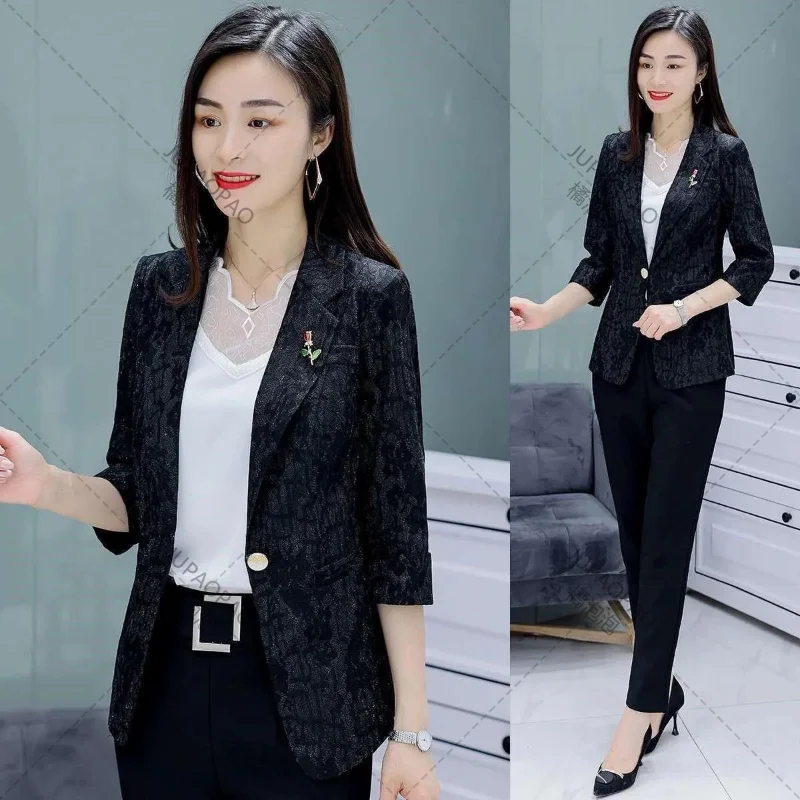 Three Quarter Sleeve Solid Color Patchwork Notched Lace Button Blazers Spring Autumn Thin Office Lady Women's Clothing Formal