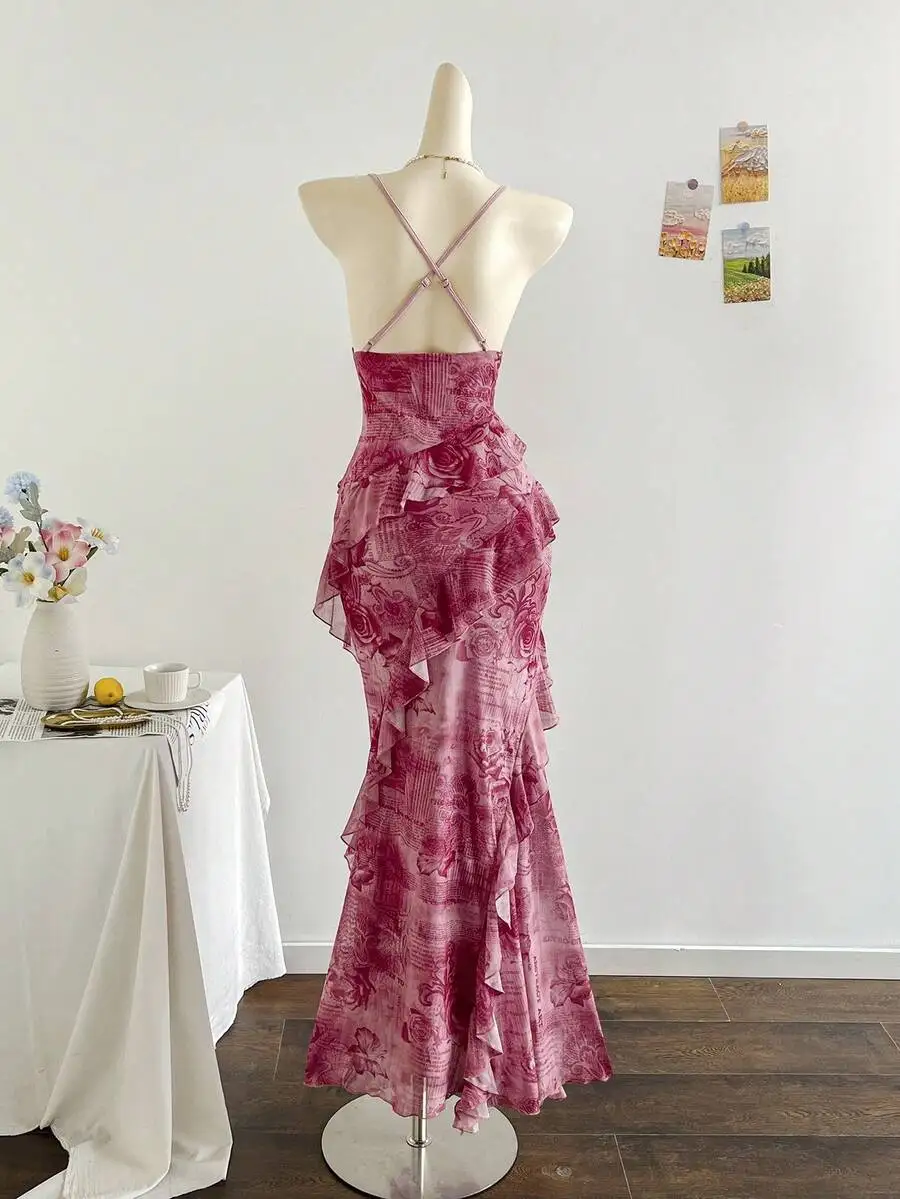

Womens Vintage Floral Print Draped Ruffle Hem Maxi Dress Sleeveless Elegant Party Dress
