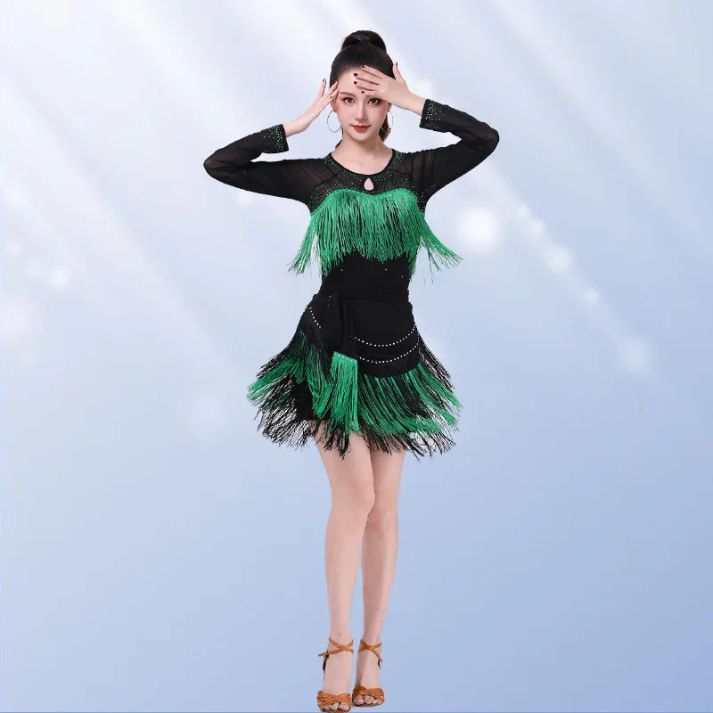 Одежда для латинских танцев, новые топы Hot Diamond с бахромой, высококачественная одежда для выступлений с длинными рукавами.