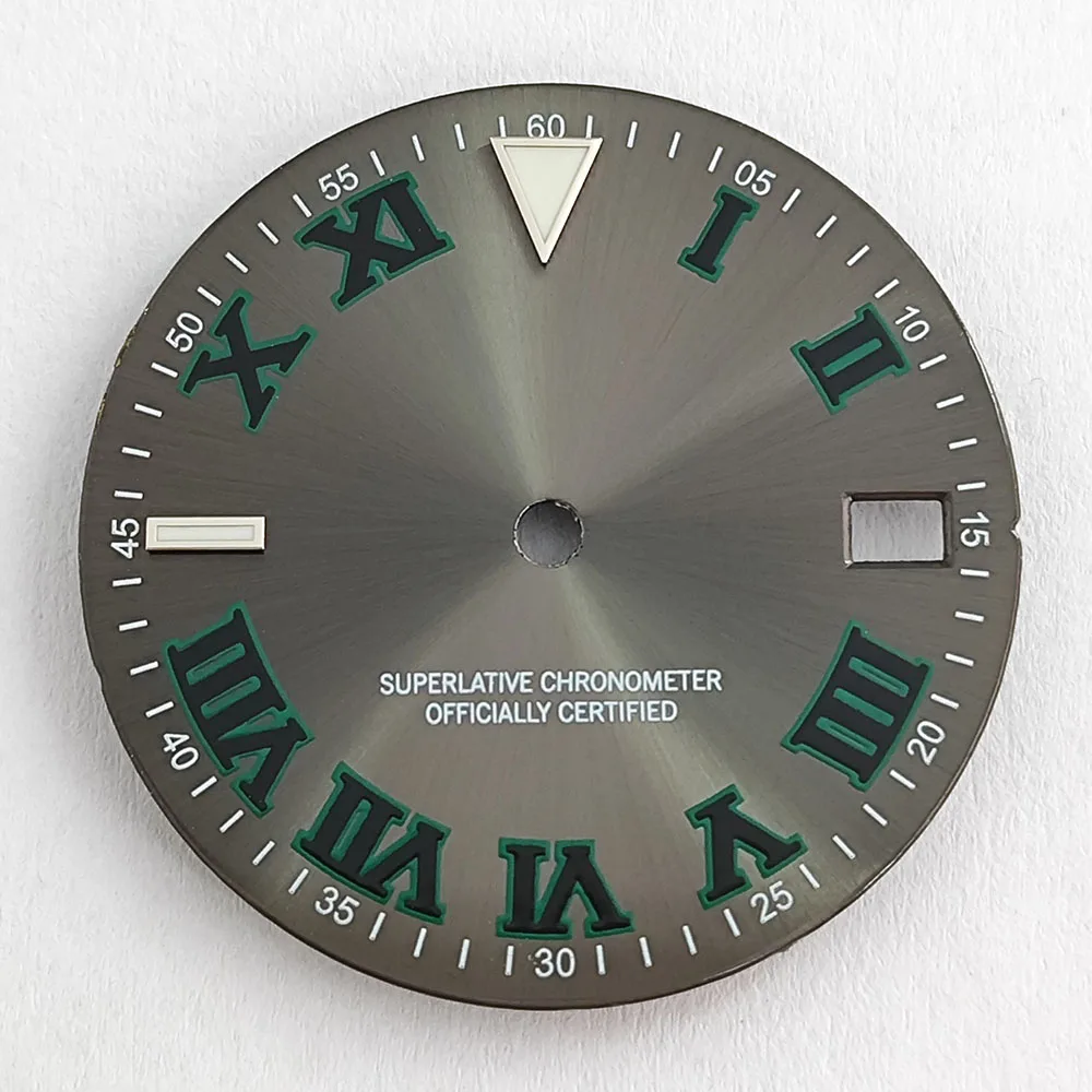 

Циферблат 28,5 мм с римскими цифрами, серо-зеленый, для механизма NH35, запасные части для корпуса.