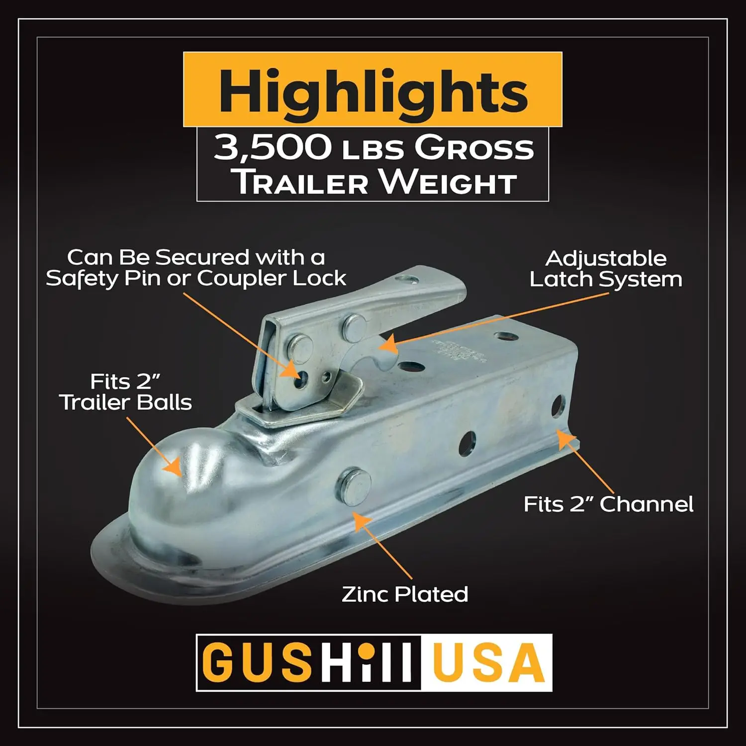 USA GH 25153 وصلة مقطورة اللسان المستقيمة لقناة 2 بوصة، كرة وصلة 2 بوصة، 3500 رطل، طلاء الزنك #5