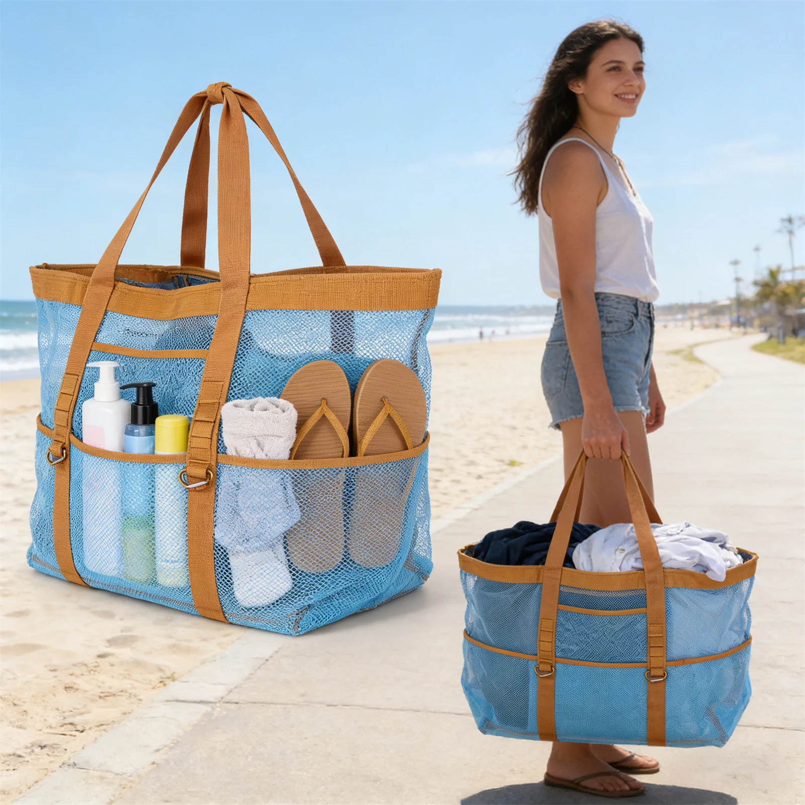 Bolsa de praia de malha extra grande, bolsa de natação para crianças, cestas de brinquedos de praia, bolsa de armazenamento portátil para viagem, bolsa de secagem rápida, 1 peça