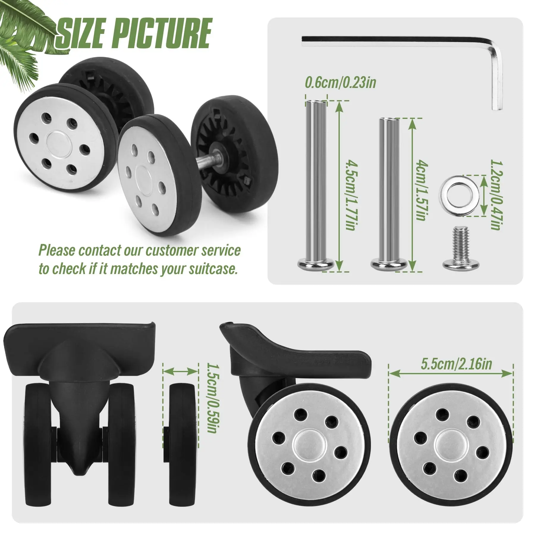 8Pcs Sliver Luggage Wheels w/h Screw Replacement Wheel for Suitcase Wear-resistant Trolley Repair Wheel 55mm Axles Caster Parts