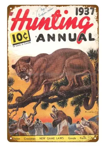 cool metal wall art 1937 Hunting Annual ountain lion hunting dog metal tin sign