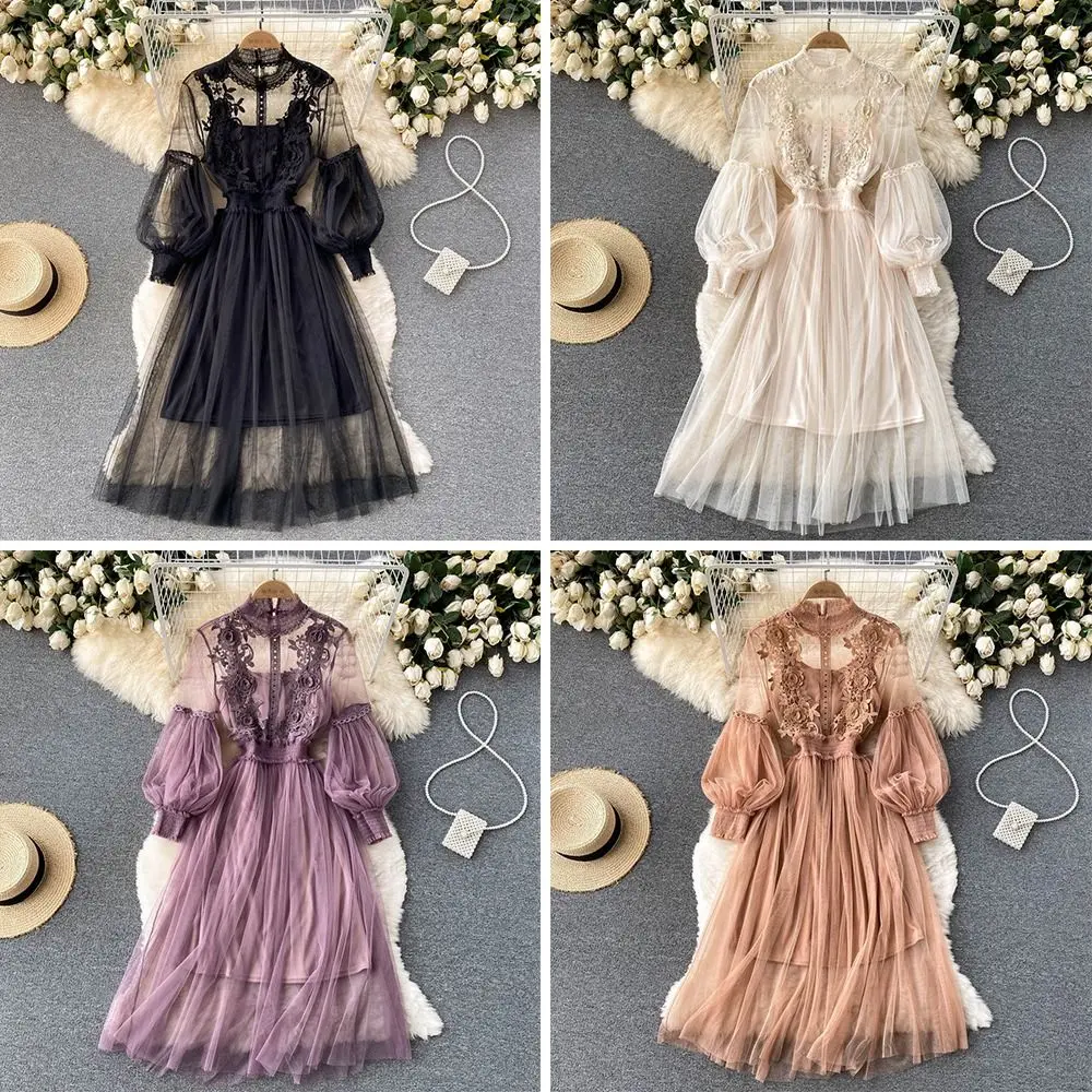 

2Pcs/Set Fashion Summer Lace Flower Dress Lace Puff Vintage Lantern Sleeve Dress Elegant Slimming Long Dresses Women