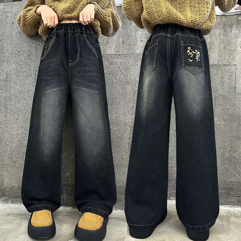

New Autumn Kids Girl Distressed Black Leopard Jeans for Children High Fashion Straight Fit Denim Pants with Bow Pocket Age 5-14Y