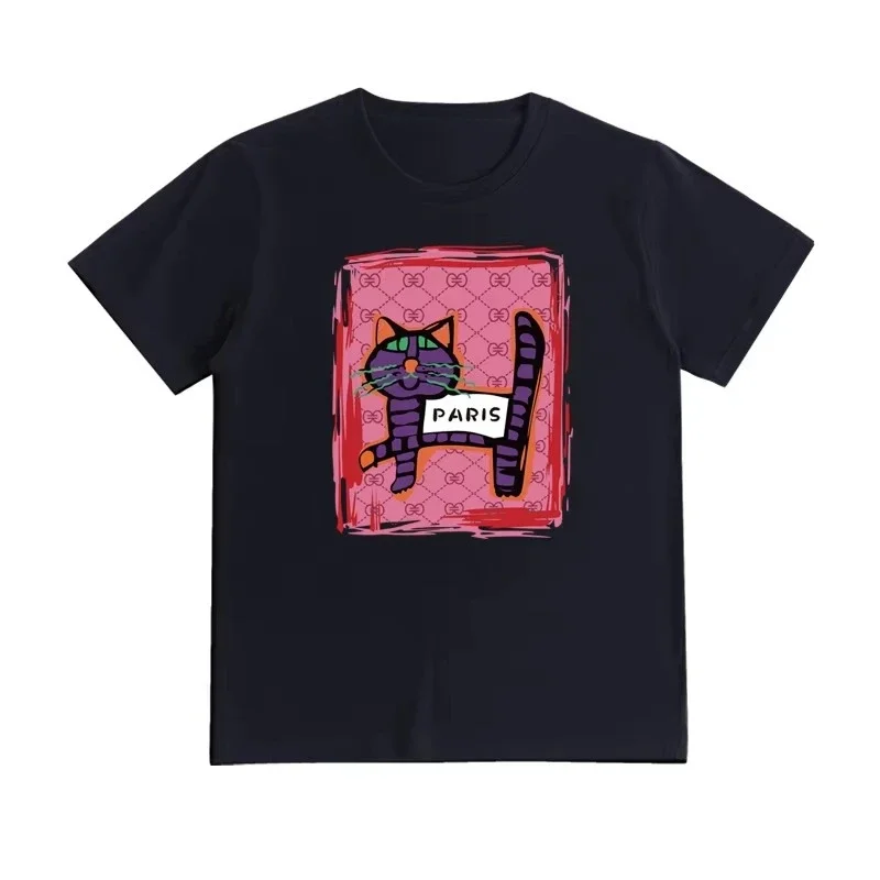 

Women's New Women's Fashion European Trend Top New Kitten Print Front Shoulder Sleeve T-shirt Women's T-shirt Clothing Street