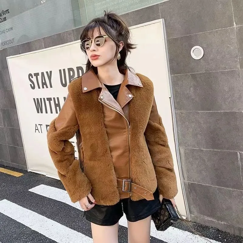 Winter Furry Faux Fur Women Overcoat Cropped Faux Fur and Leather Patchwork Jacket Short High Quality Fake Fox Fur Coat Outwear