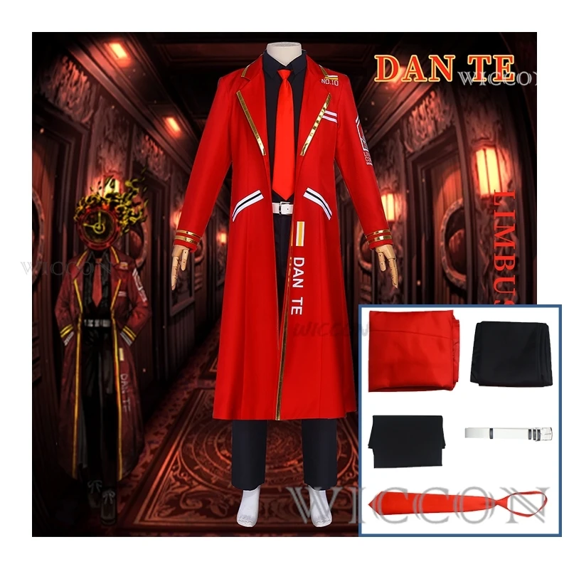 

Game Limbus Company Cosplay Dante Costume Red Long Coat DAN TE Uniform Suit Men Women Halloween Party Carnival Roleplay Outfits