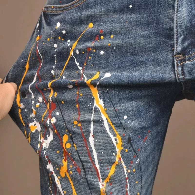 High Street Fashion Men Jeans Retro Blue Elastic Skinny Ripped Jeans Men Vintage Trousers Painted Designer Hip Hop Pants Hombre