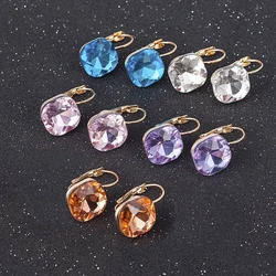 New Korean Crystal Dangle Earrings for Women Small Earrings Gold Color Buckle Square Pendants Drop Earrings Purple Pink Earings