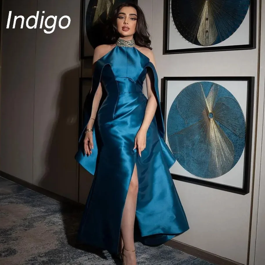 Indigo Satin Prom Dresses Off The Shoulder Sexy Backless Slit Ball Gown Formal Party Dress For Women 2024 Abendkleider Damen