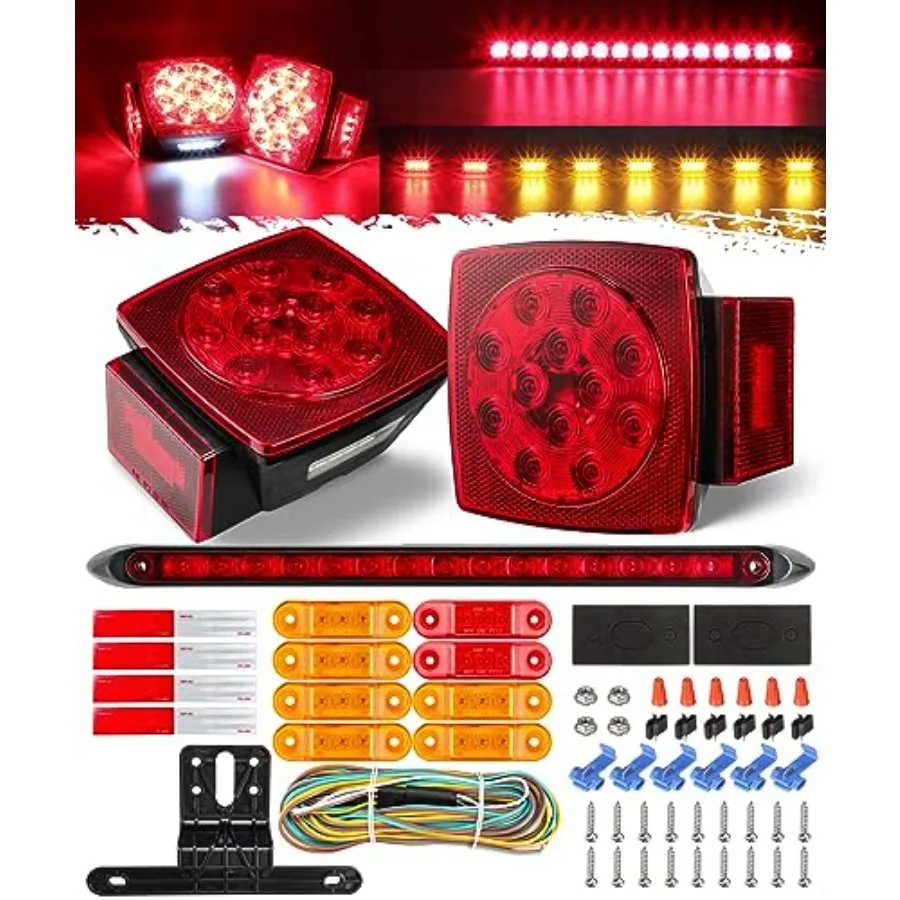 

Submersible LED Trailer Tail Light Kit, Square Trailer Lights+Light Bar+8 Side Markers, with 25FT Wiring Harness Reflective Sti