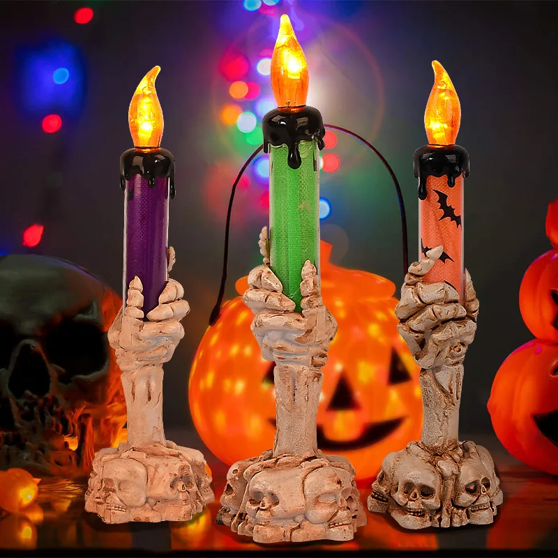 Halloween Skeleton Hand LED Flameless Candles 3 Pack Skull Holder Spooky Decorations Haunted House Party Props Table Decor Gift