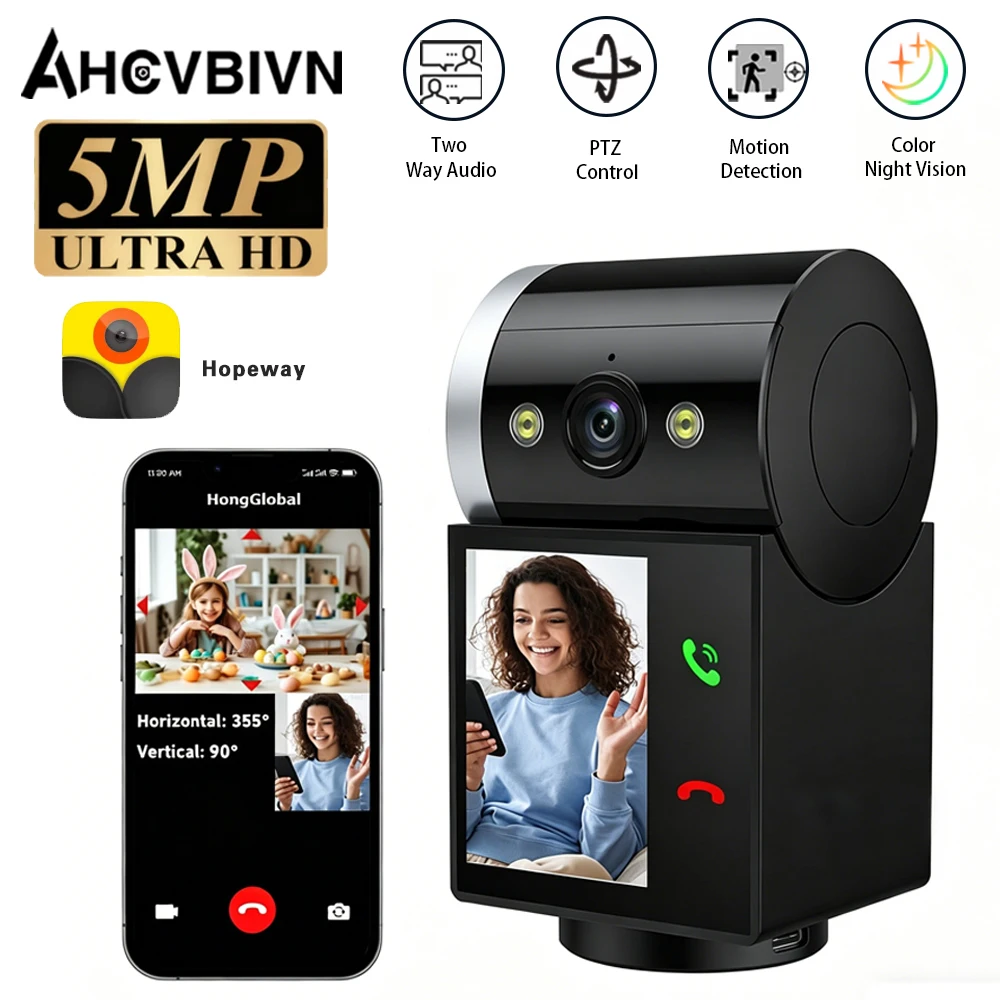 

5MP Indoor Screen Video Camera Human Pet Detection 2.4inch Display PTZ 360 One-Touch Call WiFi Camera Dog Cat Baby Monitor