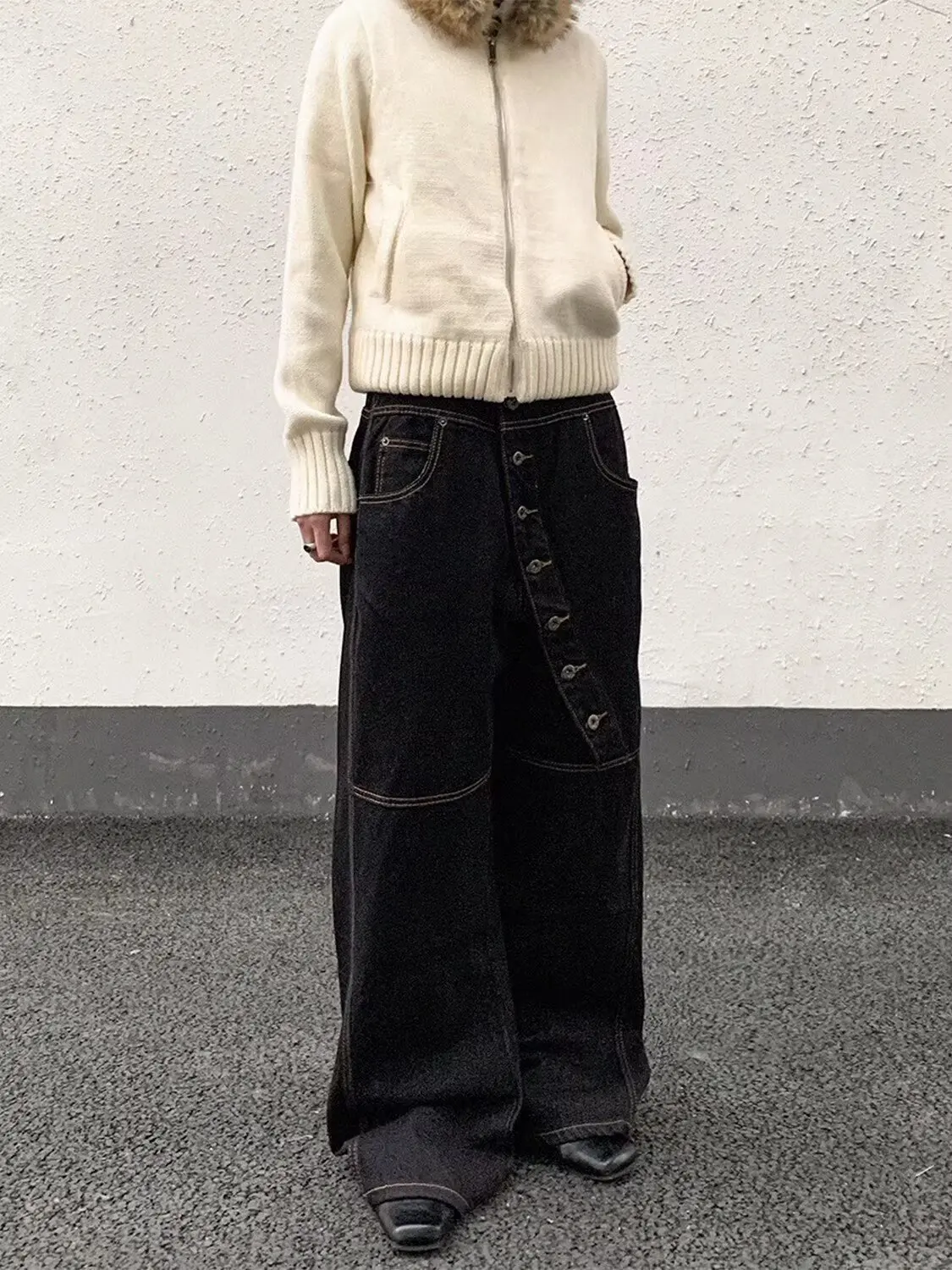 Lente en herfst zwarte losse broek met wijde pijpen met meerdere knopen - unisex high-end veelzijdige casual luie flare denim jeans met lage taille