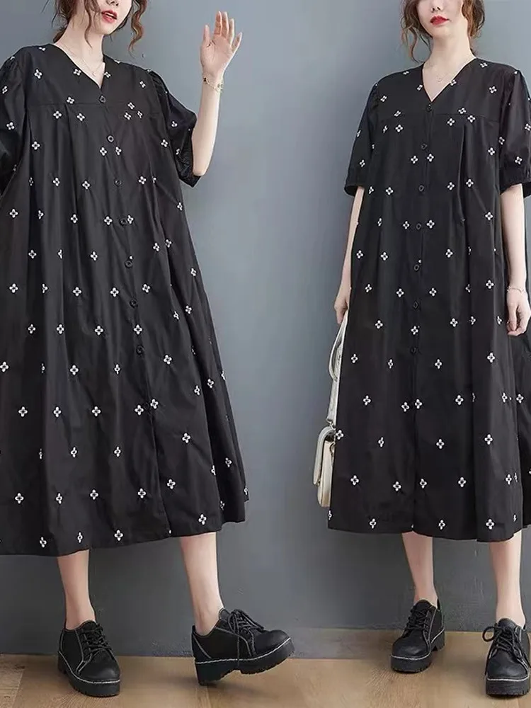 루즈핏 자수 코튼 버블 슬리브 브이넥 맥시 드레스 여성 플러스 사이즈 여름 슬리브리스 한국 버전 A라인...