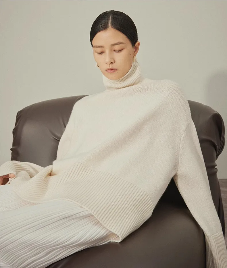 Hooggesloten kasjmier trui vrouwelijk 100% puur kasjmier losse verdikking lui silhouet trui gebreid dieptepunt shirt